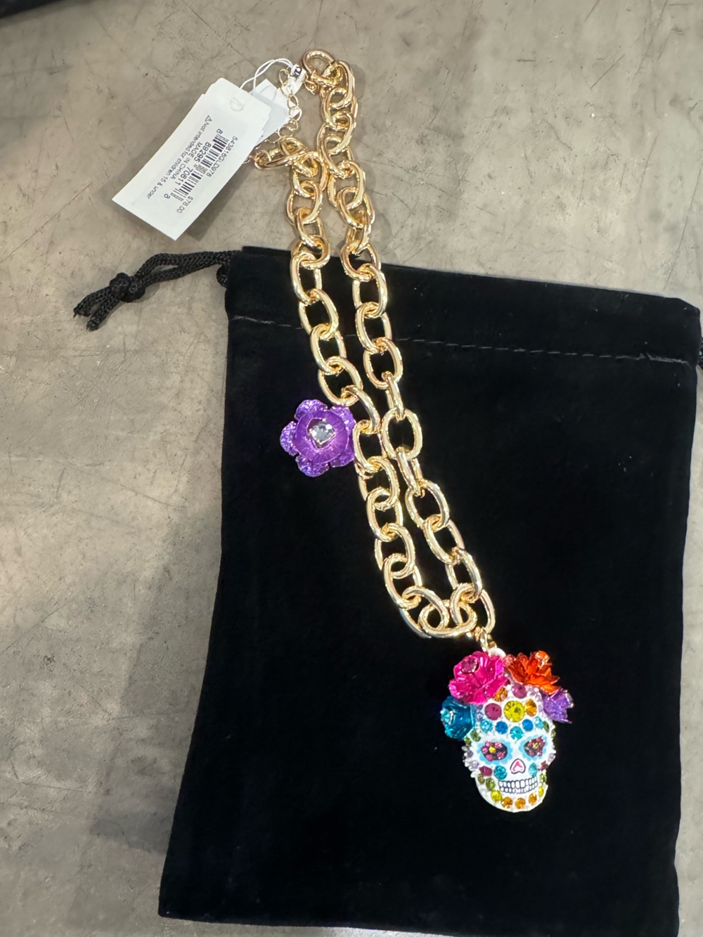 Gold Chain Necklace with Multicolor Crystal Sugar Skull Pendant💀spooky season!